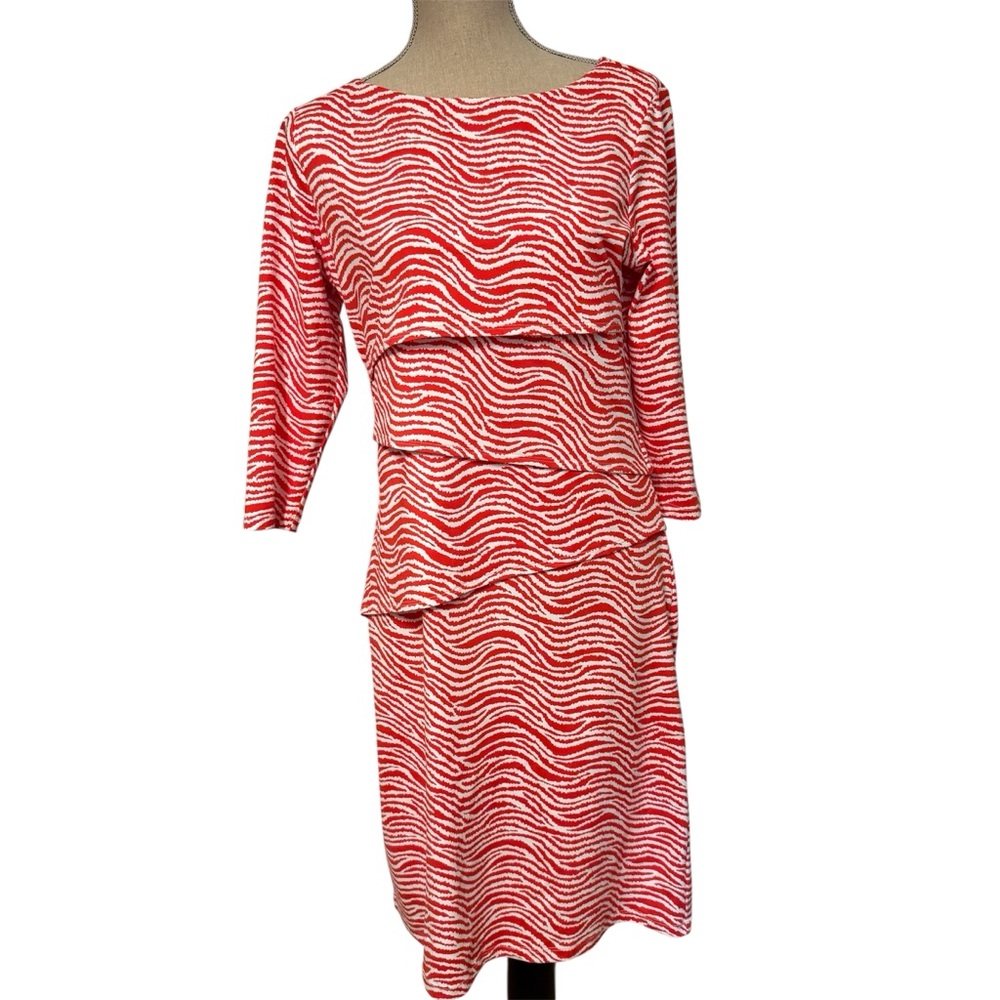 J. McLAUGHLIN DRESS SHEATH BANDAGE ORANGE WHITE SAFARI ZEBRA 3/4 SLEEVE SIZE L